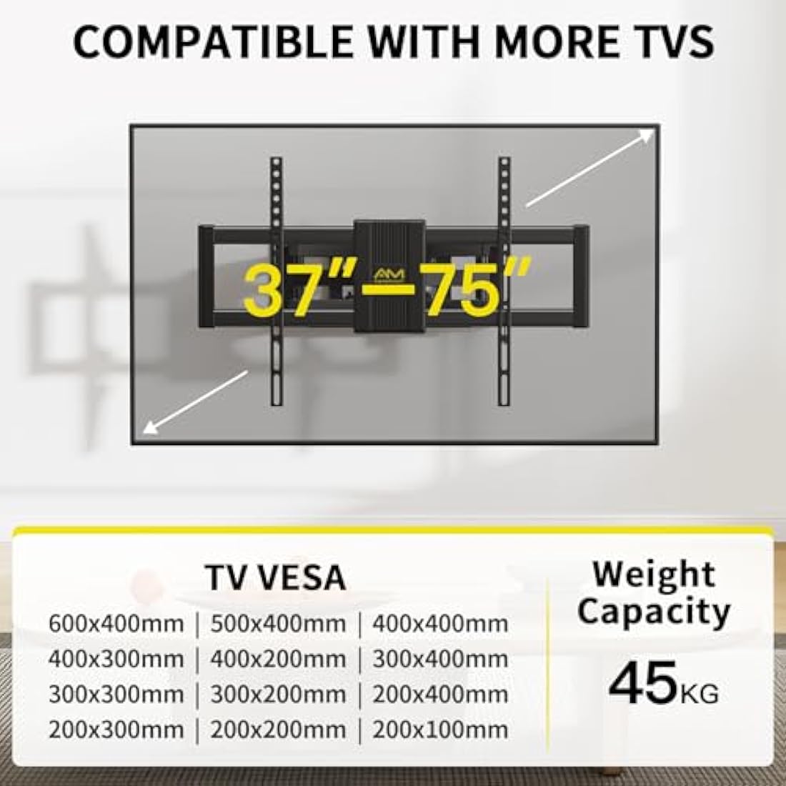 Alphamount Full Motion TV Wall Bracket for 37-75 Inch LED OLED TVs