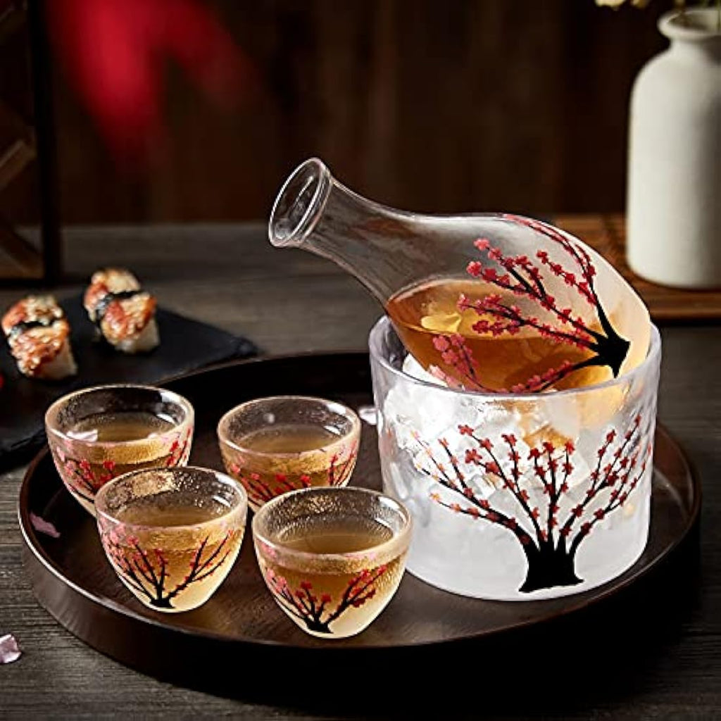 DUJUST Japanese Sake Set for 4 | Hand-Painted Pink Cherry Blossom Glass