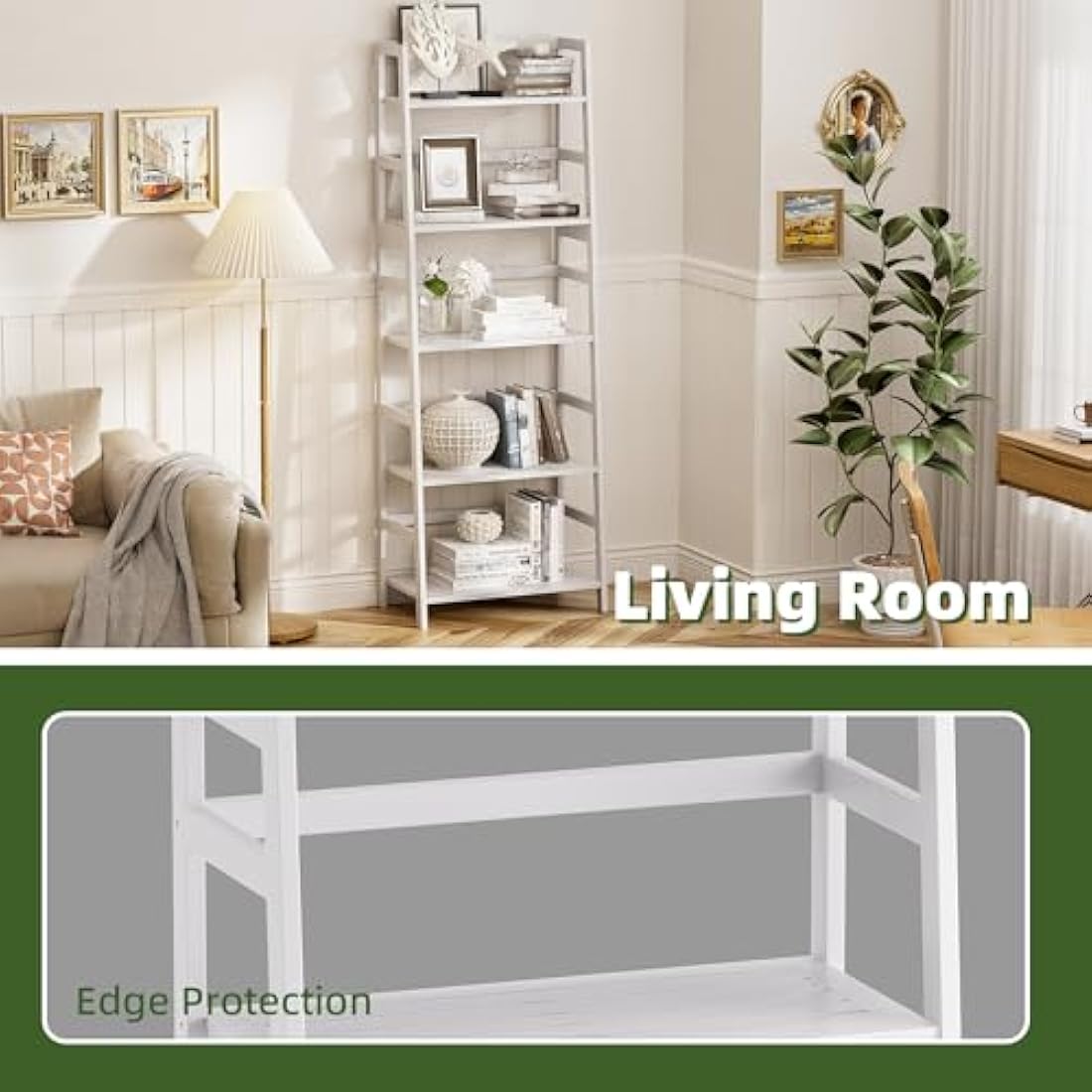Vovala 5-Tier Bamboo Ladder Shelf – Modern Freestanding Bookcase, White