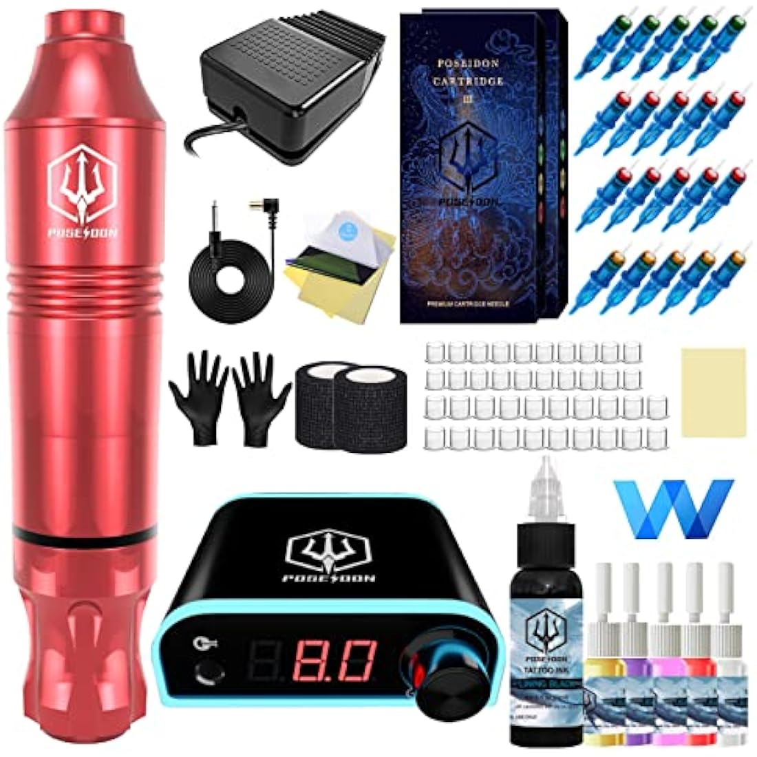 Poseidon Rotary Tattoo Pen Kit - Complete Machine Set with 20 Cartridges