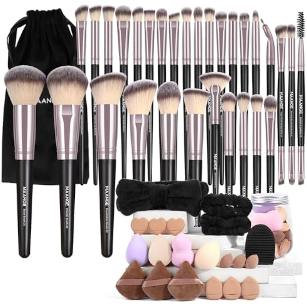 MAANGE 51-Piece Makeup Brush Set with Sponges and Puffs | Black Gold