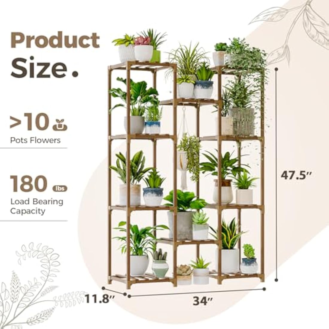 Bamworld 10-Tier Wooden Plant Stand | Large Hanging Flower Shelf - Brown