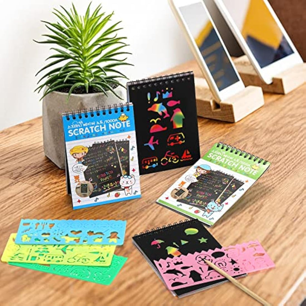 Jolof Store Rainbow Scratch Paper Art Notebooks - 24 Pack with Stencils