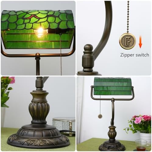 Blivuself Tiffany Bankers Desk Lamp – Green Stained Glass Tree Leaf Light