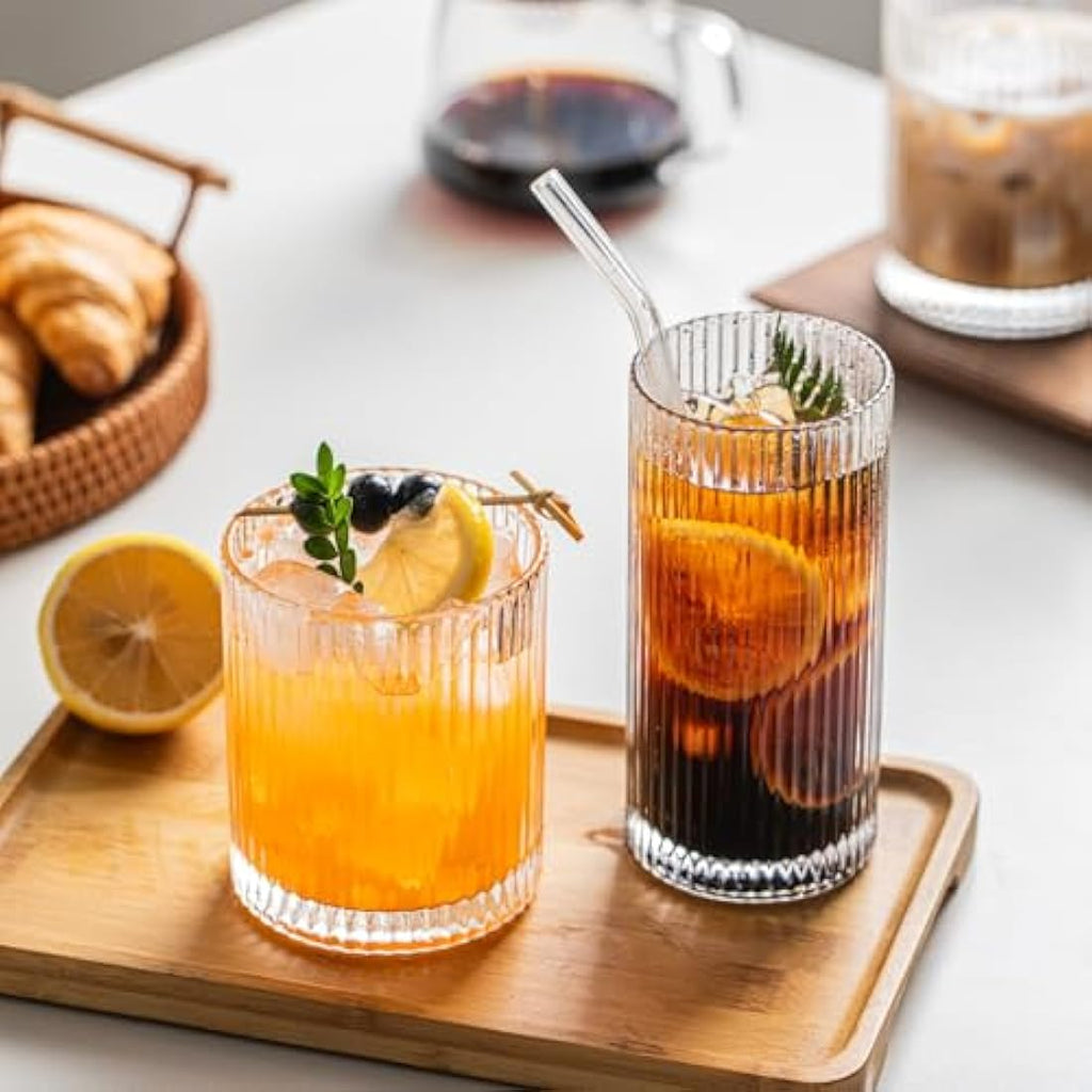 INSETLAN Ribbed Drinking Glasses - 6pc Origami Highball Glass Set