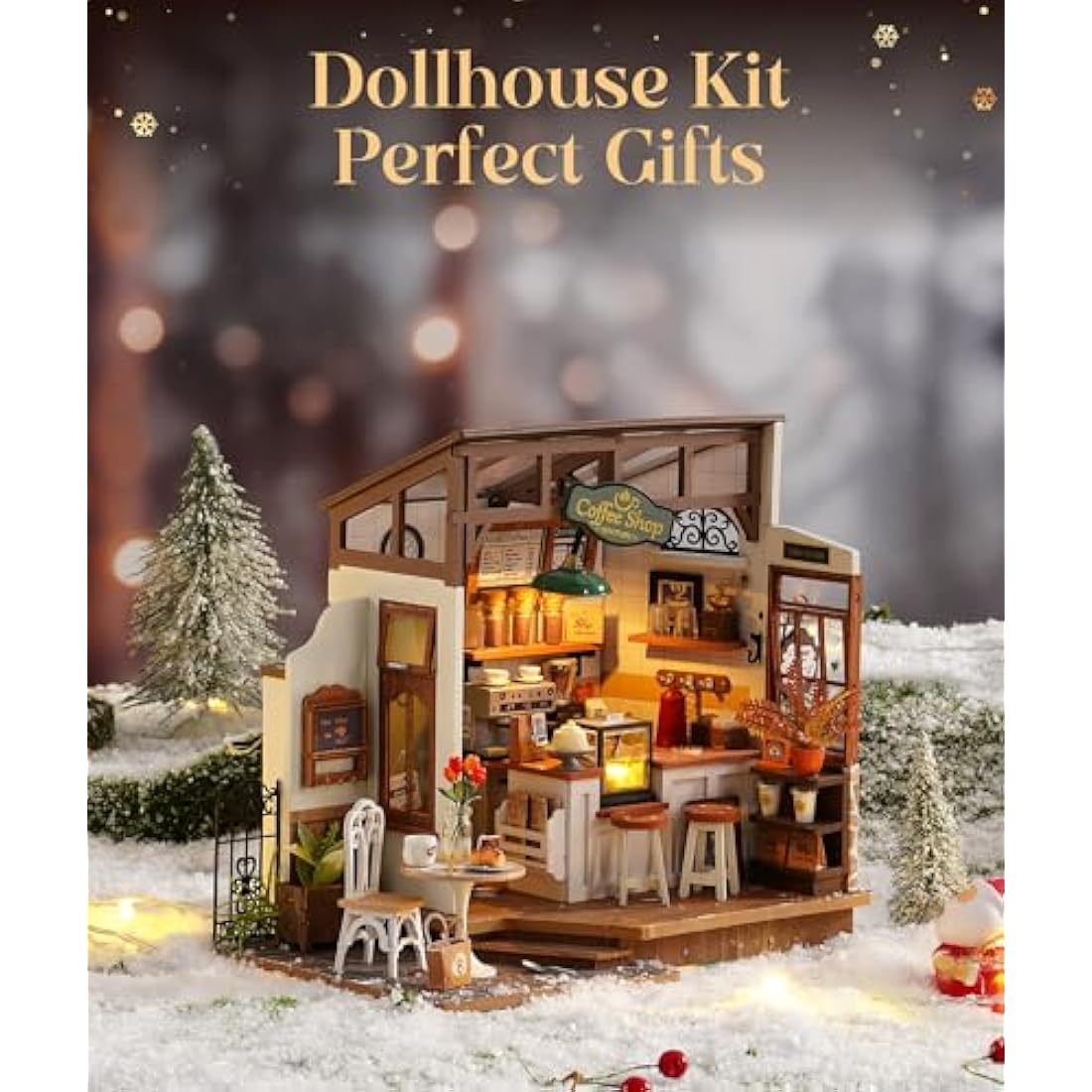 ROWOOD DIY Miniature Coffee House Kit – Wooden Dollhouse Model with Lights