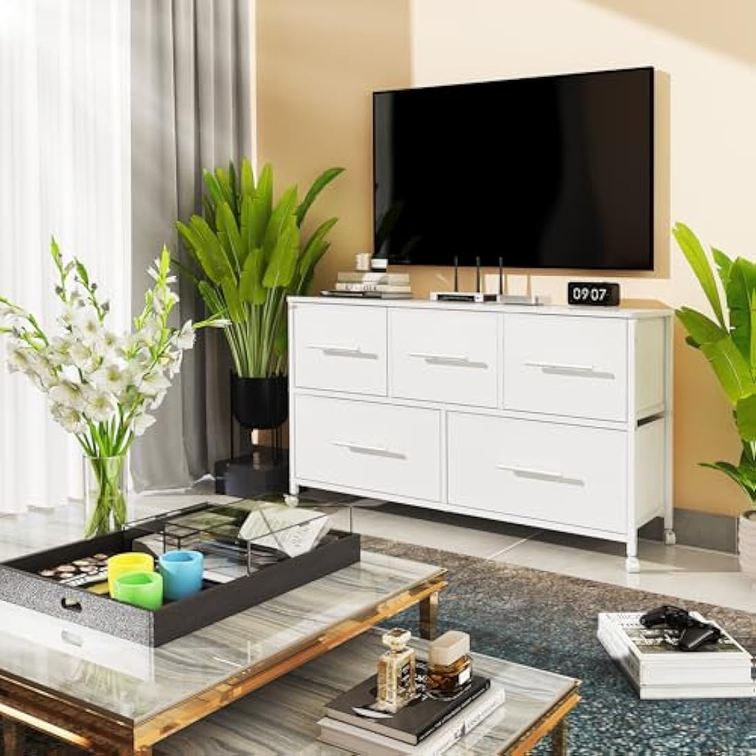 5-Drawer Fabric Dresser | Rolling Storage Chest - White