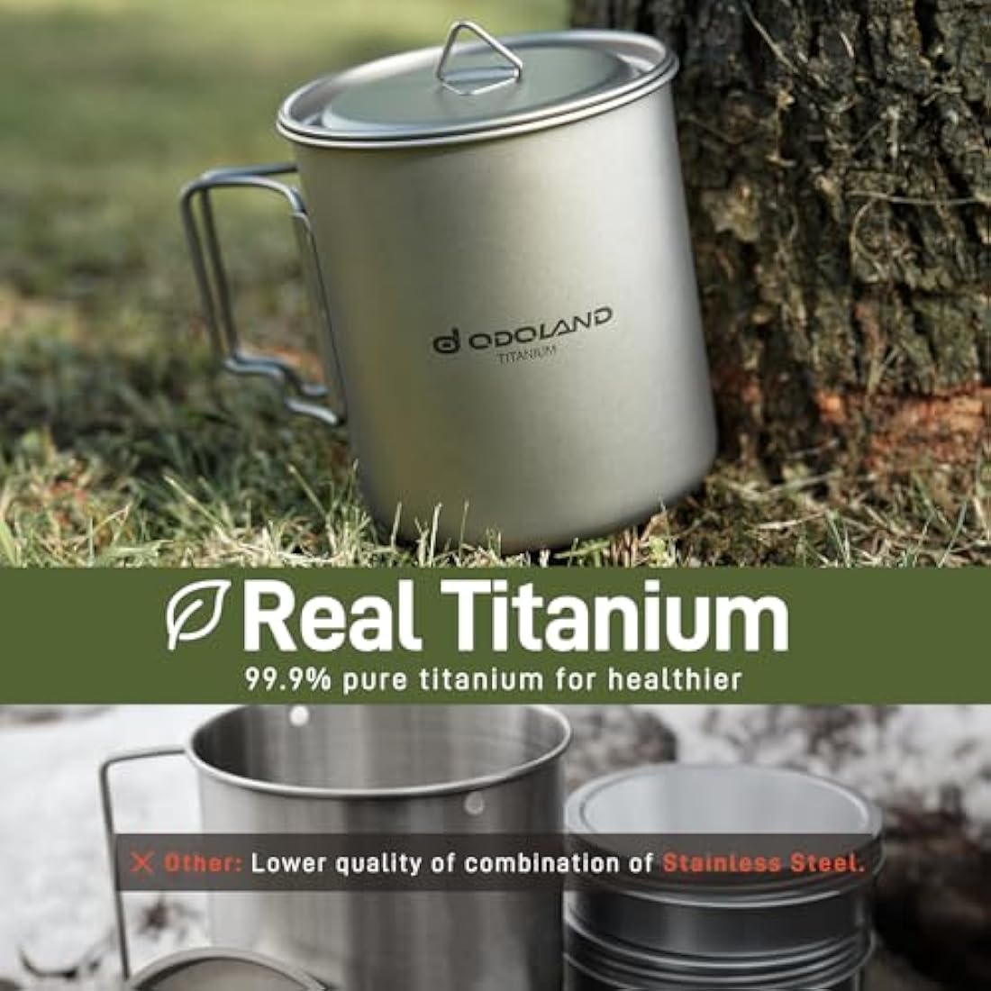 Odoland 750ml Titanium Camping Mug with Lid and Spork | Ultralight
