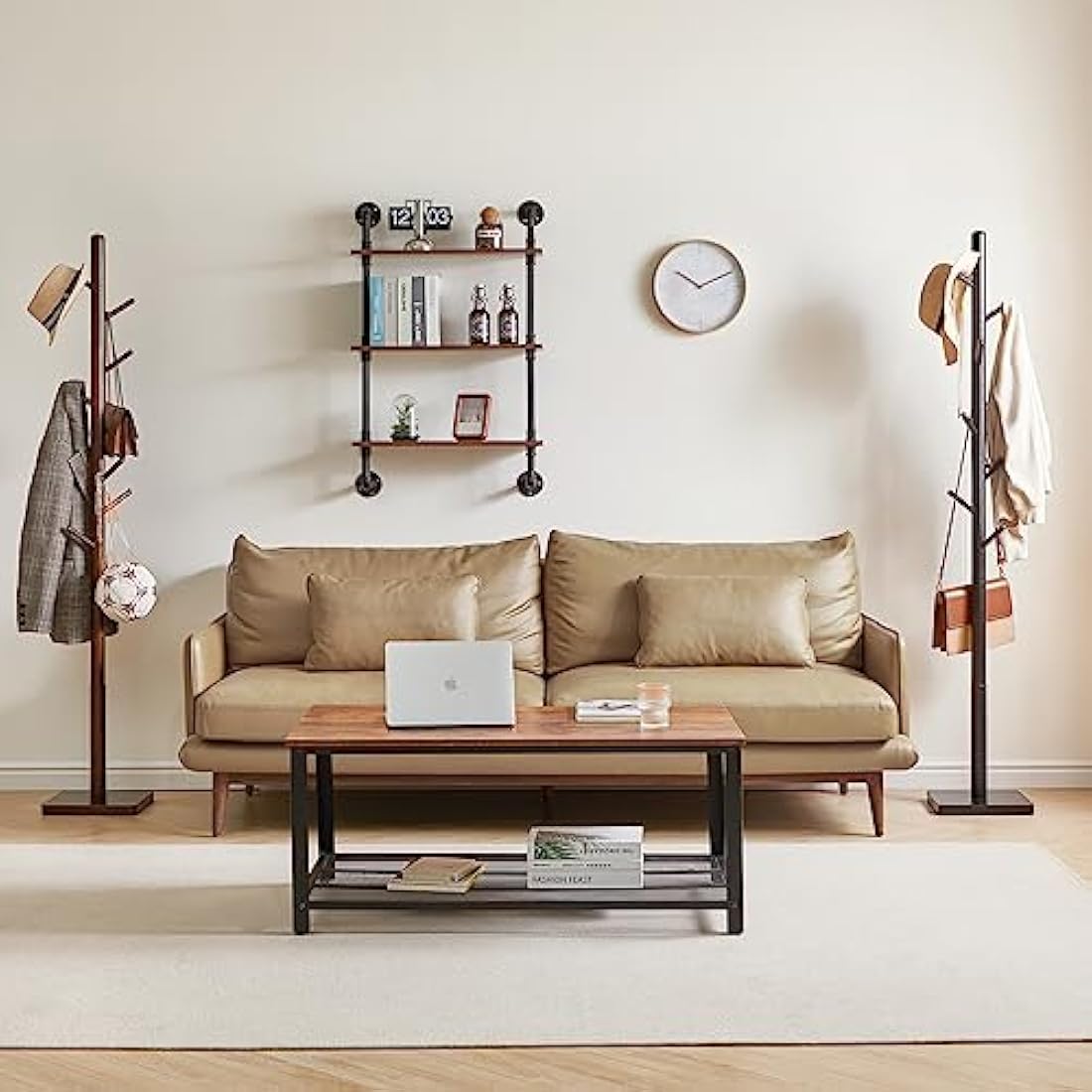 YMYNY Wooden Coat Rack Stand – 8 Hooks Height Adjustable Hall Tree