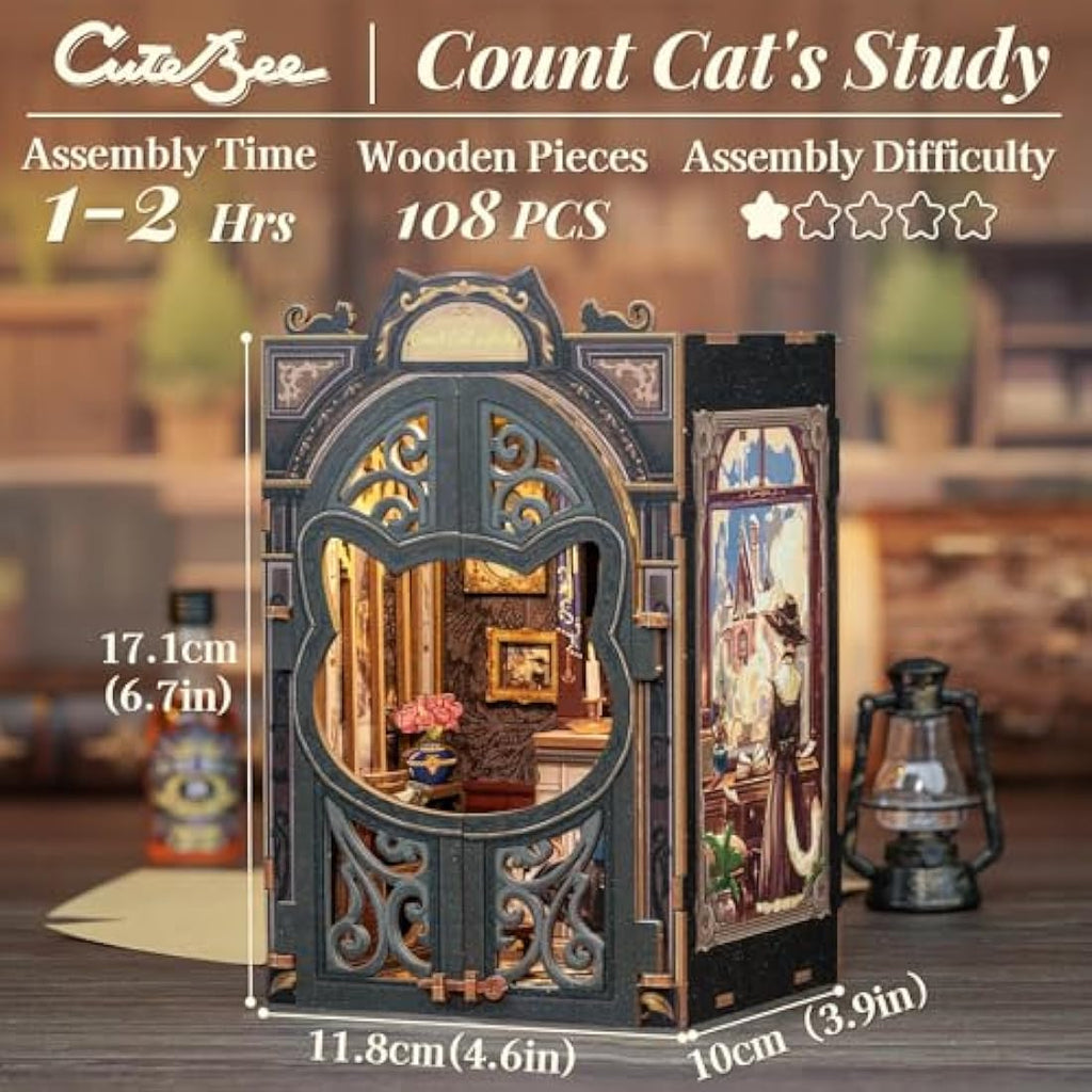 CUTEBEE DIY Book Nook Kit – Count Cat's Study 3D Wooden Puzzle Model