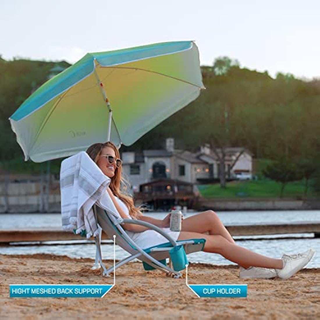 Nice C High Back Beach Chair with UPF 50 Umbrella and Cooler Bag – Blue