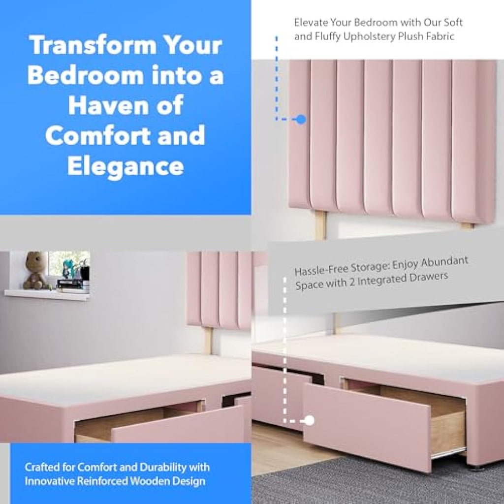 ComfoRest 3FT Single Divan Bed Base with 2 Storage Drawers - Pink Plush
