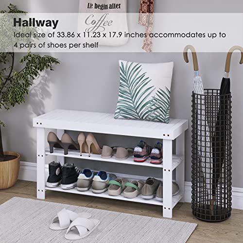 SMIBUY 3-Tier Bamboo Shoe Rack Bench – White Entryway Storage Organizer