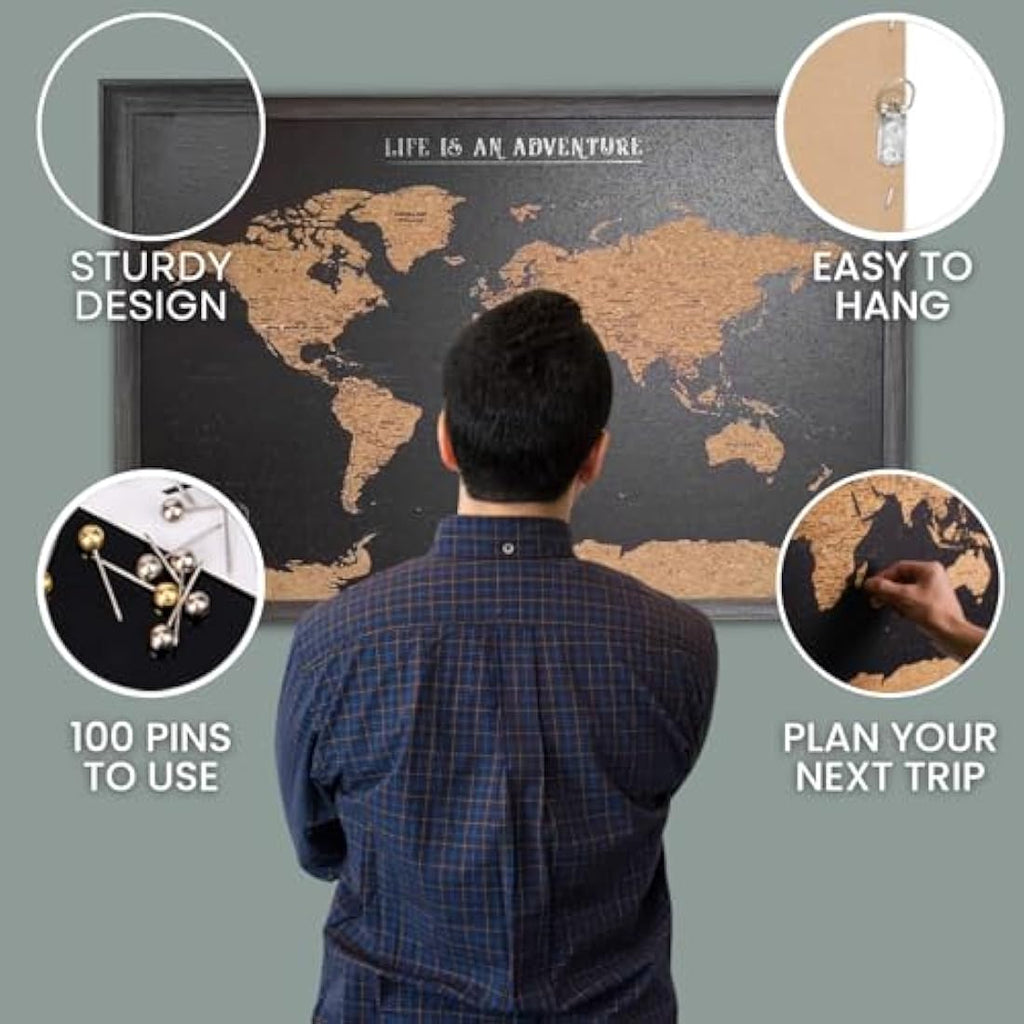 World Map Pin Board – Large Black Framed Cork Board