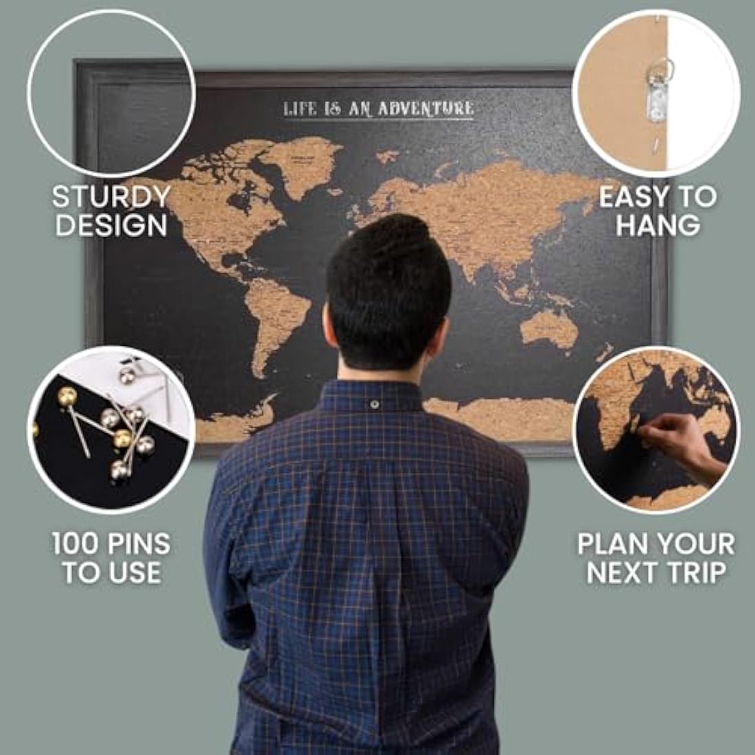 World Map Pin Board – Large Black Framed Cork Board