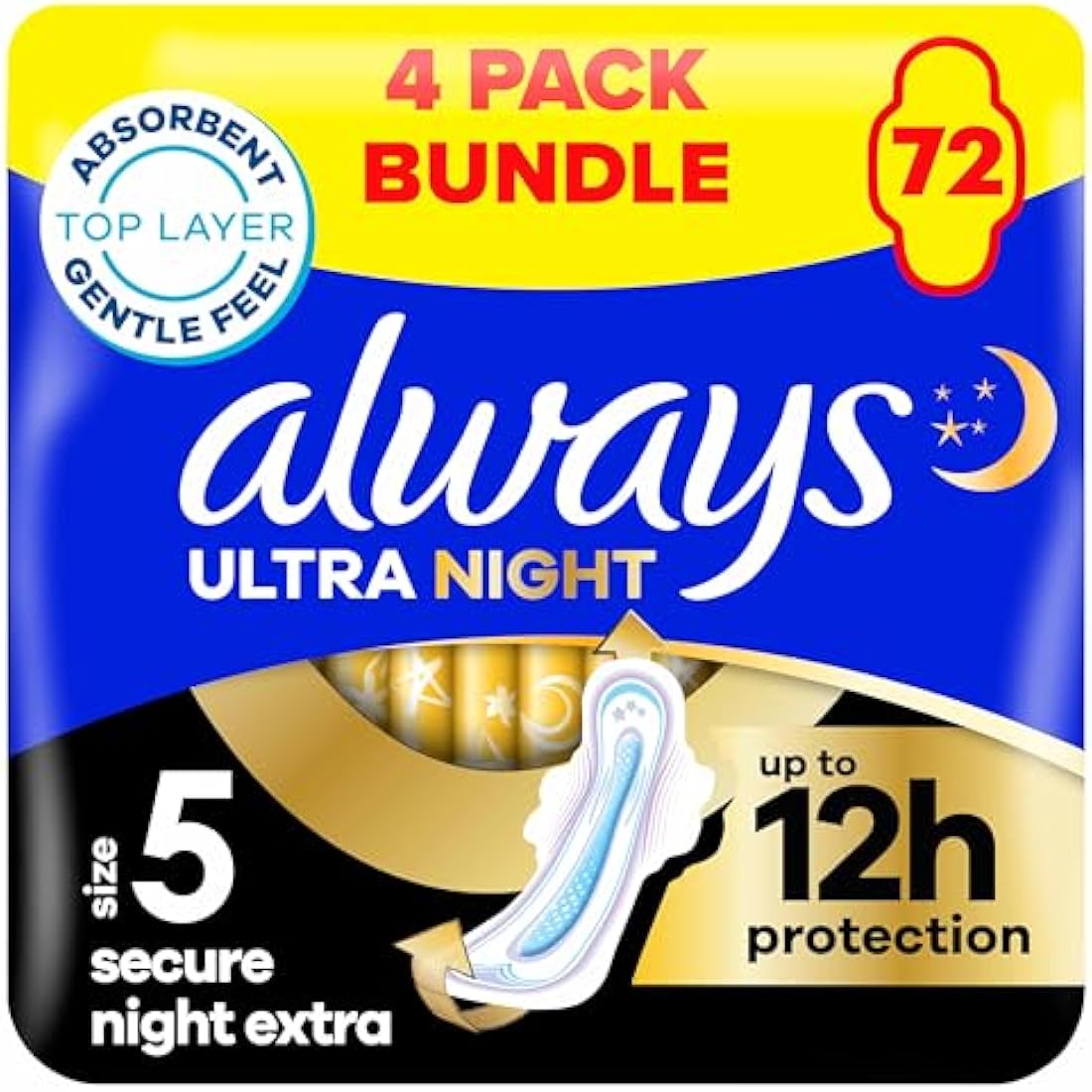 Always Ultra Night Size 5 Sanitary Towels with Wings - 72 Pads (Pack of 4)