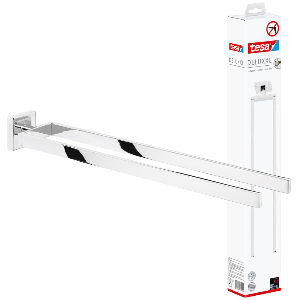 tesa DELUXXE Double Towel Holder - Wall-Mounted, Stainless-Steel Towel Holder with Two Swivel Arms - waterproof, incl. Power.Kit Adhesive Solution