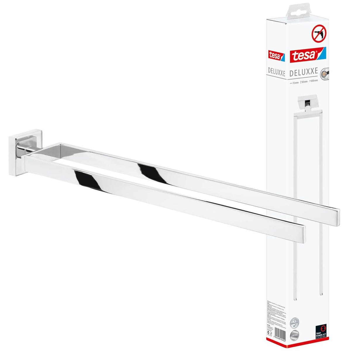 tesa DELUXXE Double Towel Holder - Wall-Mounted, Stainless-Steel Towel Holder with Two Swivel Arms - waterproof, incl. Power.Kit Adhesive Solution