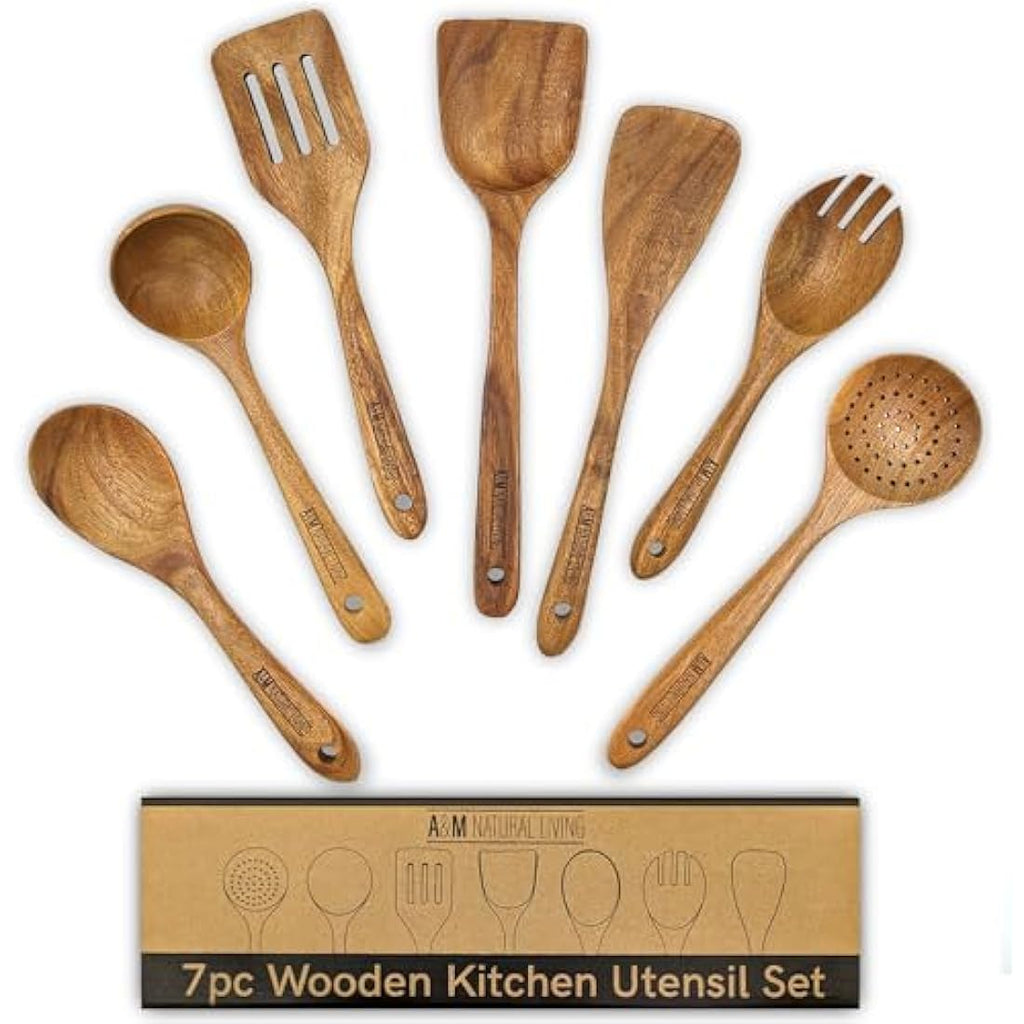 A&M Natural Living Acacia Wood Kitchen Utensils - 7 Piece Cooking Set