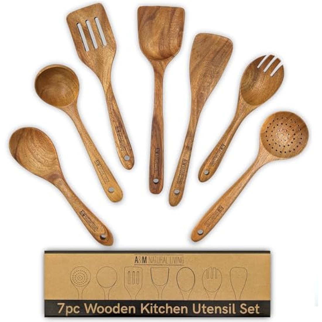 A&M Natural Living Acacia Wood Kitchen Utensils - 7 Piece Cooking Set