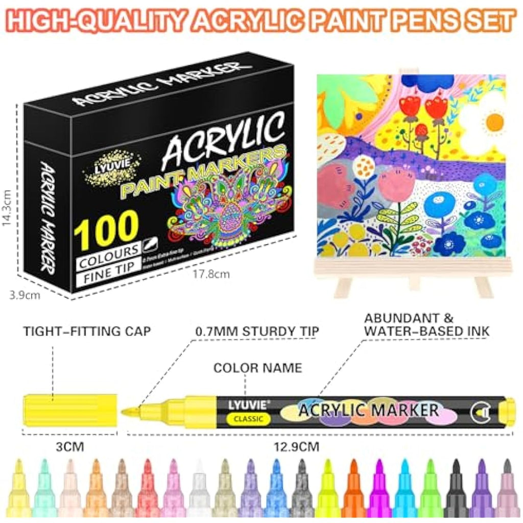 Lyuvie 100 Color Acrylic Paint Pens | 0.7mm Extra Fine Tip Markers