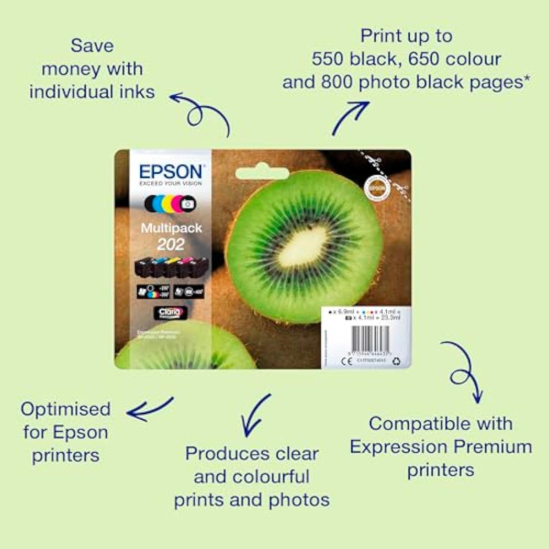 Epson 202 Kiwi Ink Cartridges | 5-Color Multipack for XP-6000