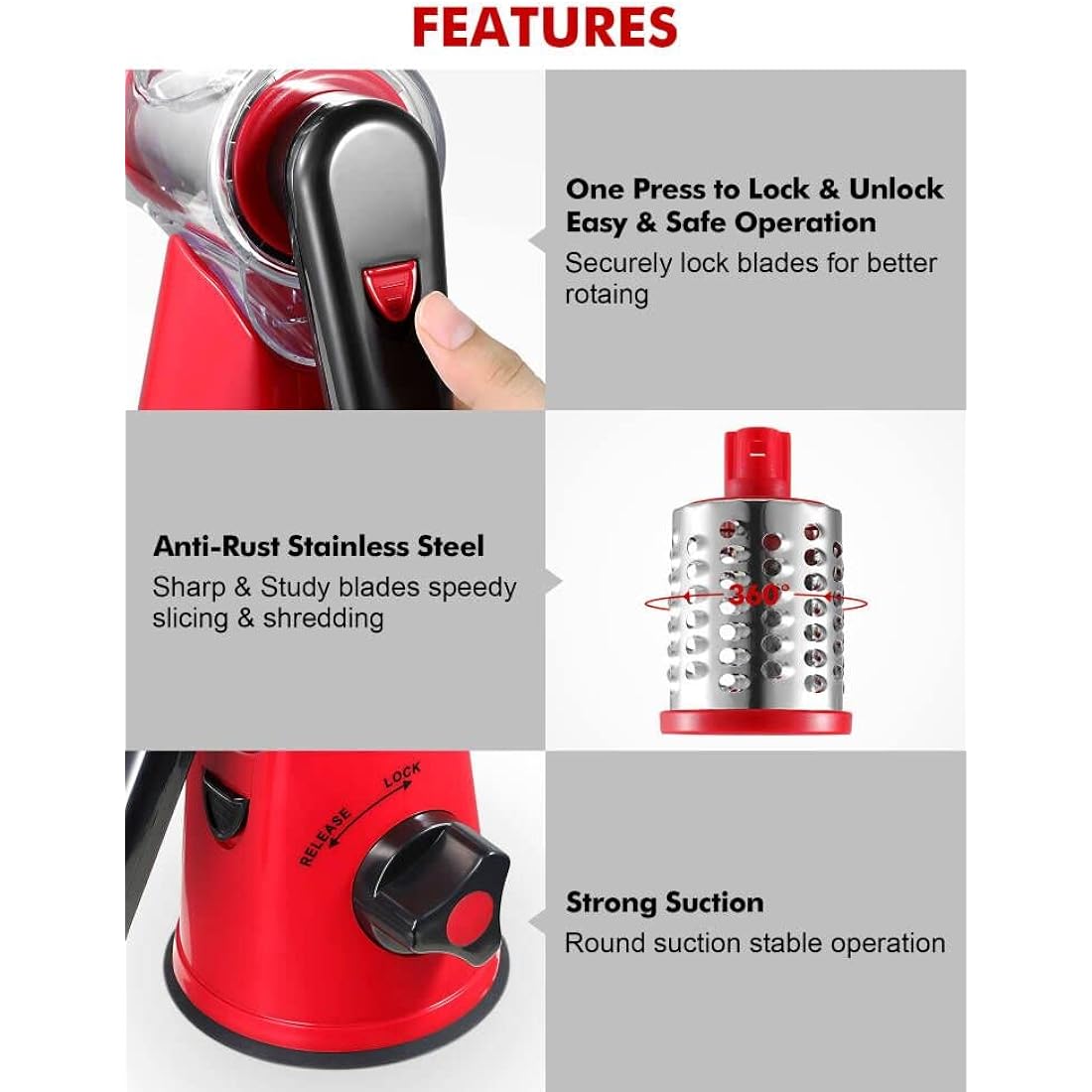 Rotary Cheese Grater | 3-Blade Manual Vegetable Slicer