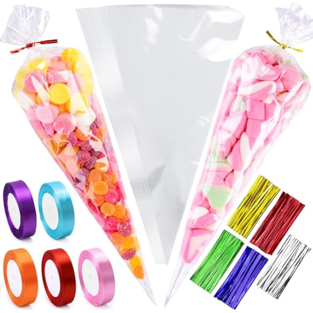 Jolof Store 100Pcs Clear Sweet Cone Bags with Ties - 14x26cm Cello Bags
