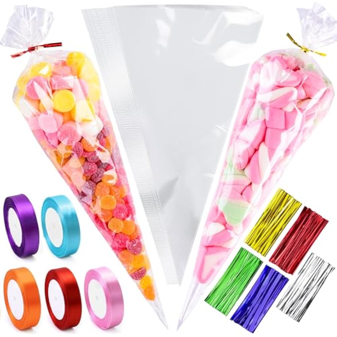 Jolof Store 100Pcs Clear Sweet Cone Bags with Ties - 14x26cm Cello Bags