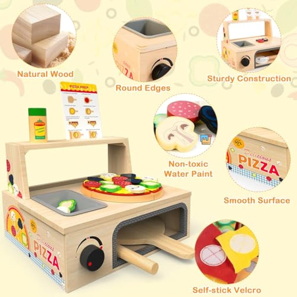 Wooden Pizza Counter Play Set – 49 Piece Pretend Kitchen Toy