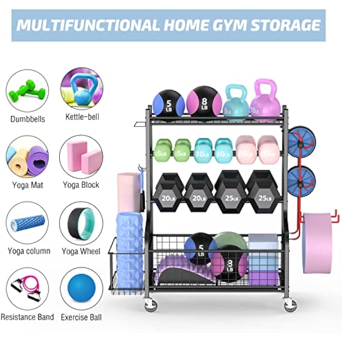 Mythinglogic Dumbbell Rack - 3-Tier Steel Weight Stand with Wheels