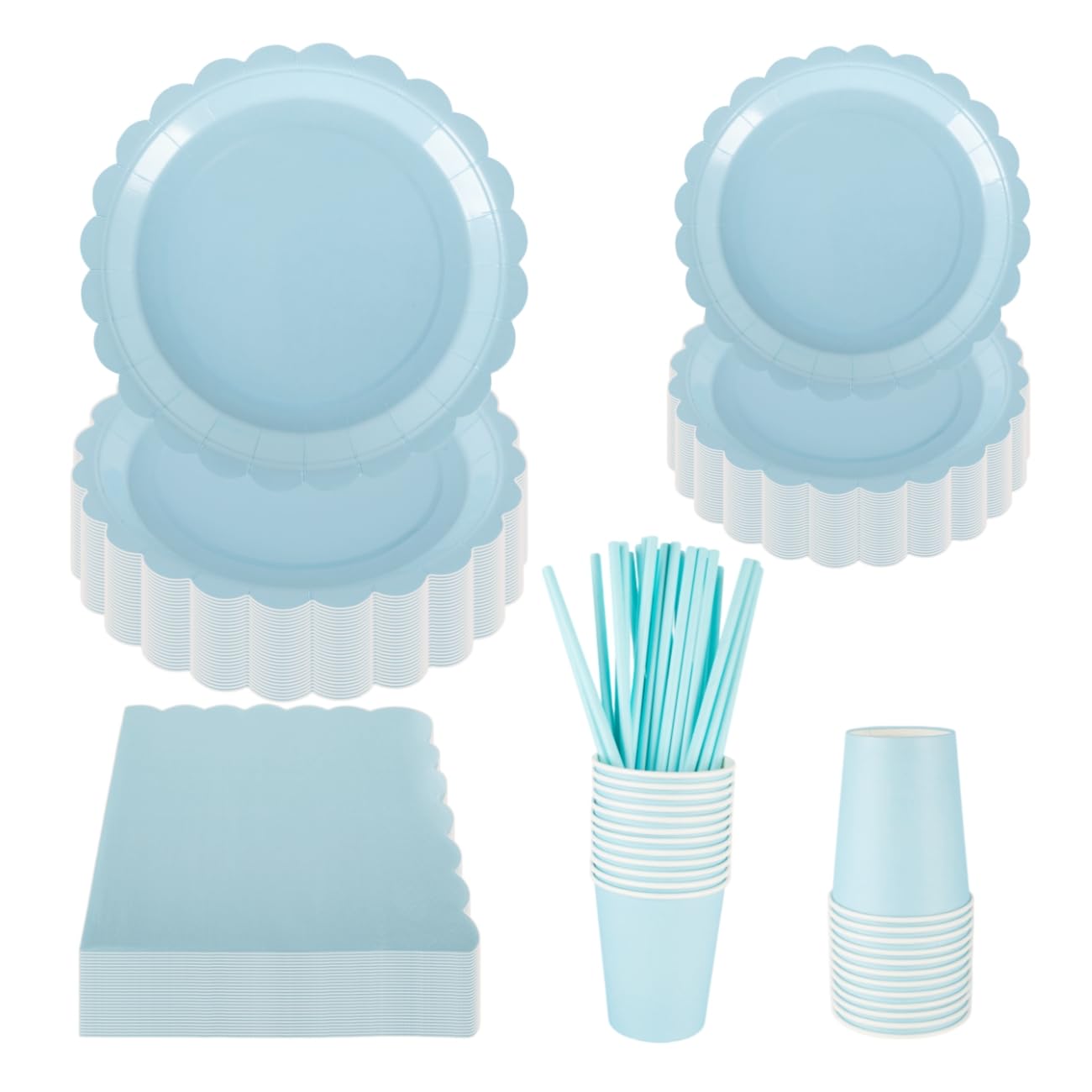 125PCS Baby Blue Party Tableware Set – Flower Shape Plates
