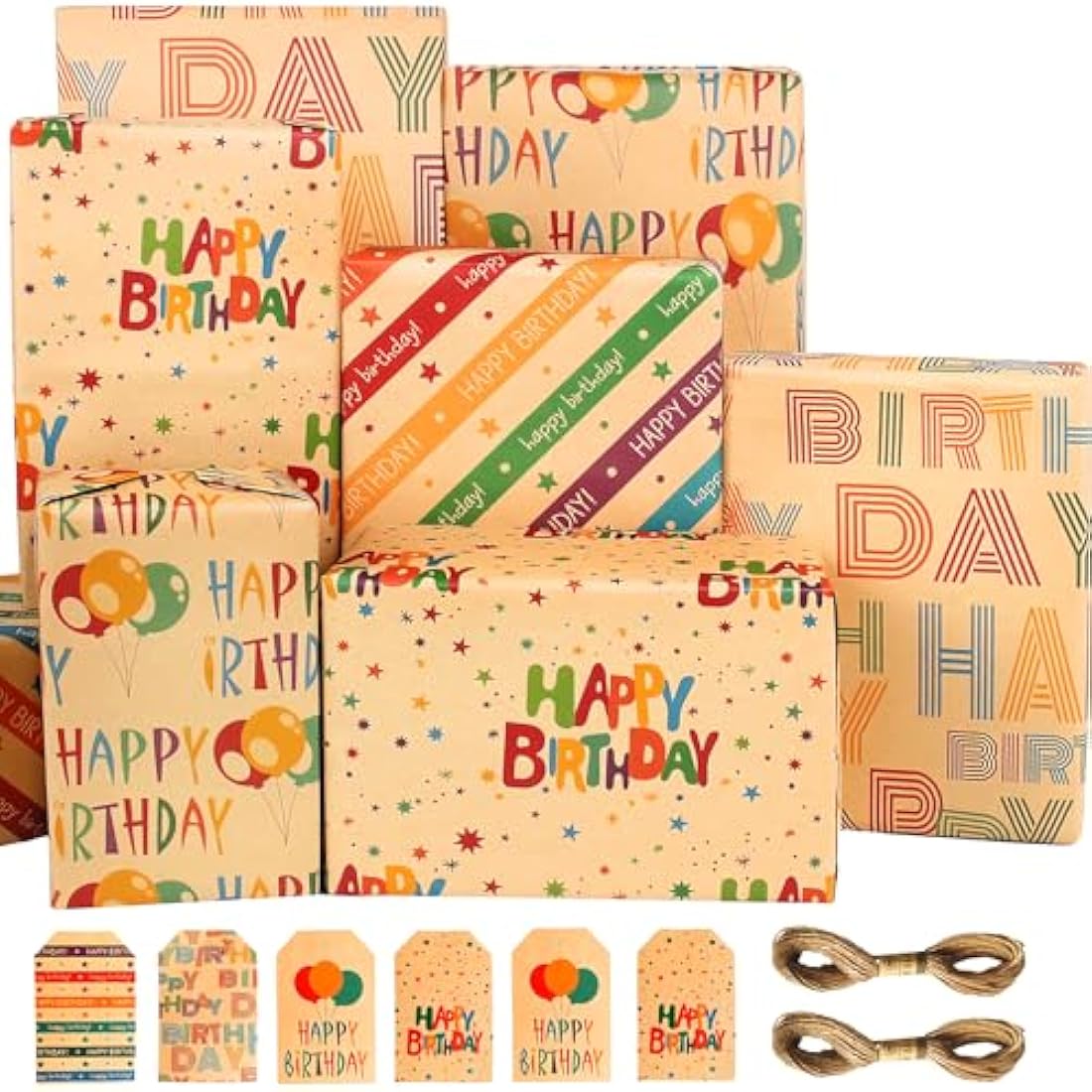Kraft Birthday Wrapping Paper Set | 5 Eco-Friendly Sheets
