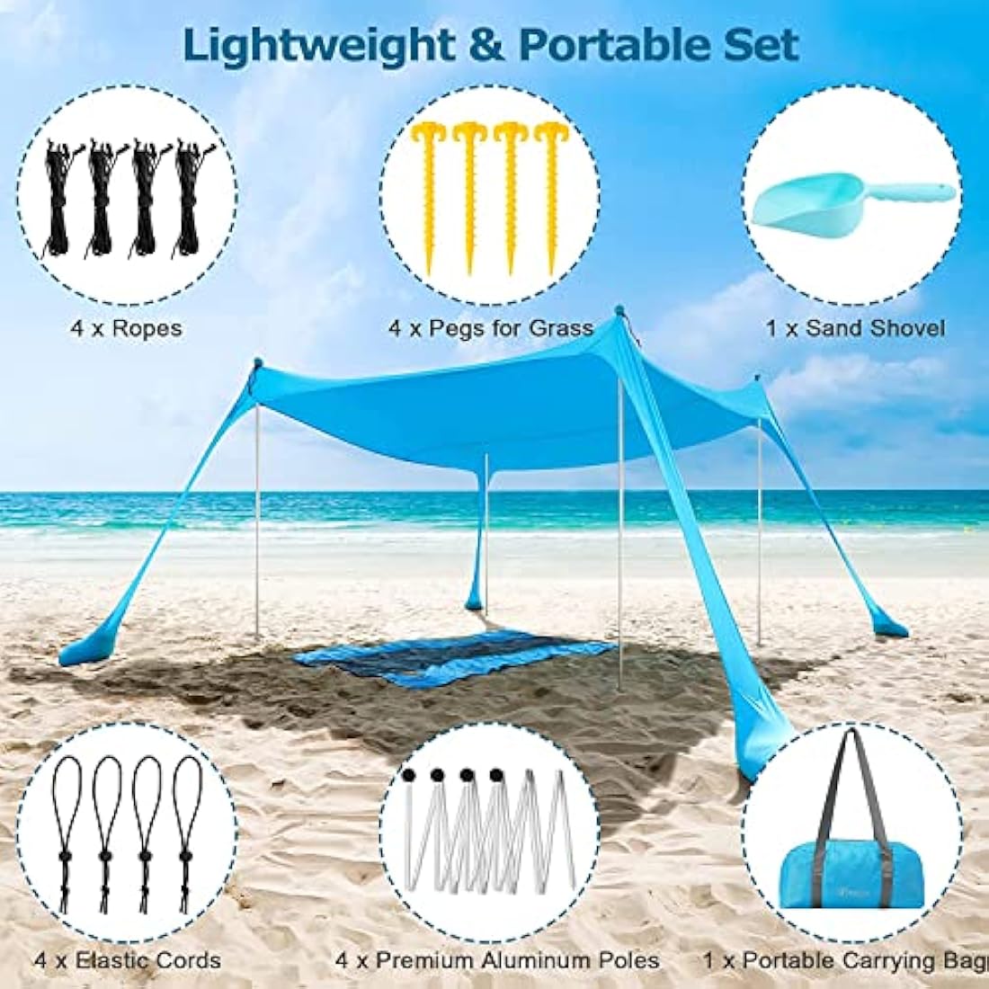 COMMOUDS Beach Tent Sun Shelter | UPF50+ Portable Canopy with 4 Poles