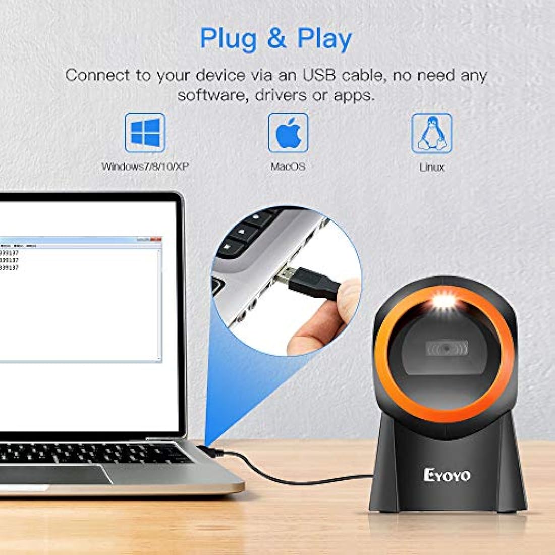 Eyoyo Hands-Free 2D Desktop Barcode Scanner | QR Reader for POS Systems