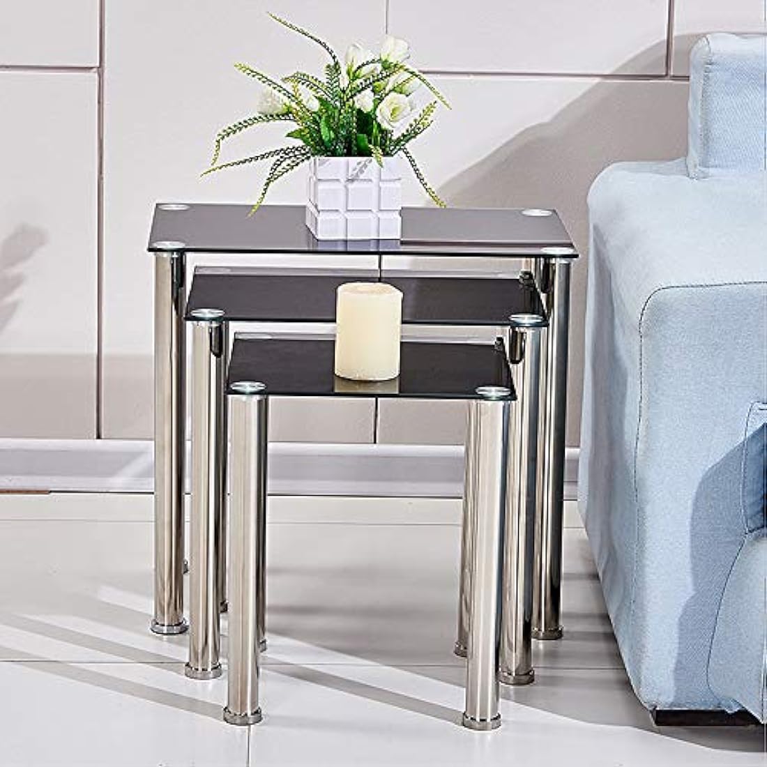 Nesting Tables – Set of 3 Glass and Stainless Steel Tables