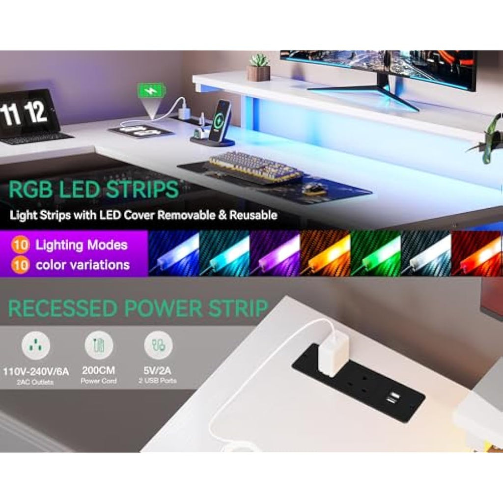 ODK L-Shaped Corner Gaming Desk with LED Lights & Drawers, White