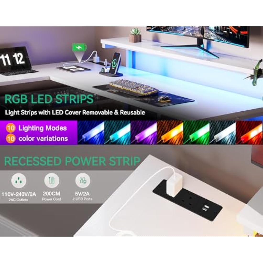 ODK L-Shaped Corner Gaming Desk with LED Lights & Drawers, White