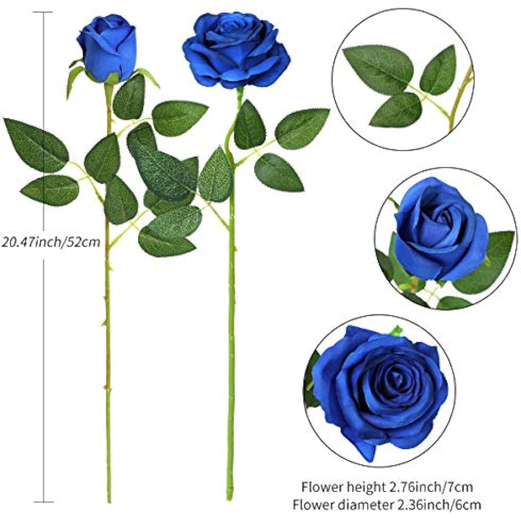 12PCS Artificial Silk Roses | 21" Long Stem Fake Flowers - Blue