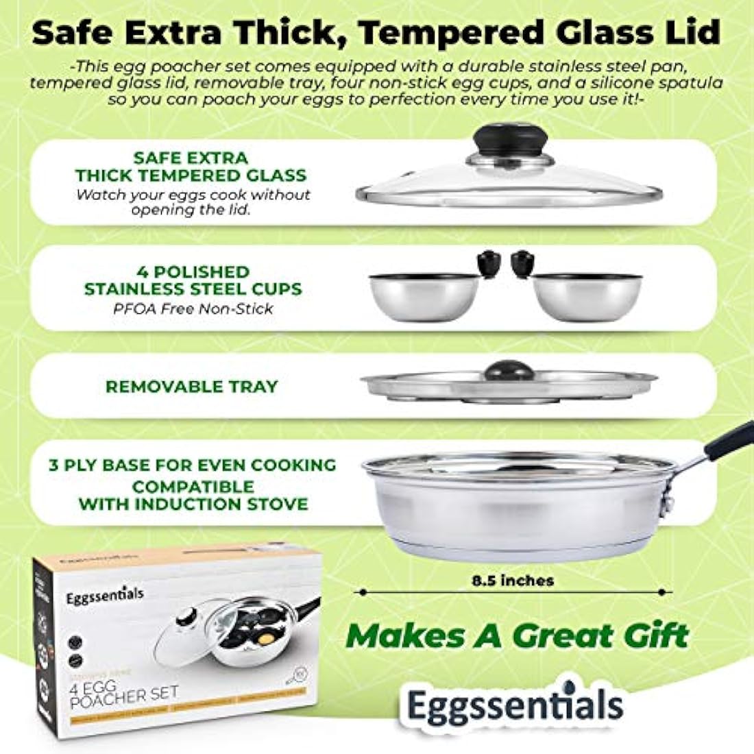 Eggssentials 4-Cup Egg Poacher Pan – Nonstick Stainless Steel Induction