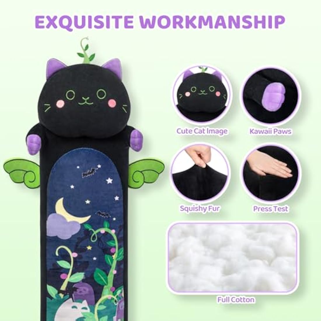 Mewaii 20in Long Devil Mint Cat Plush Pillow – Soft Black Hugging Toy