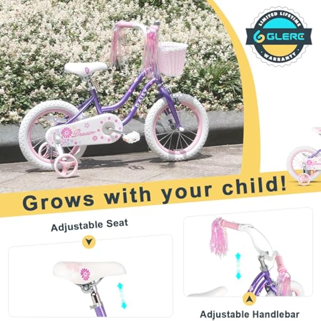 Glerc Daisy 12 Inch Girls Bike with Training Wheels and Basket – Purple