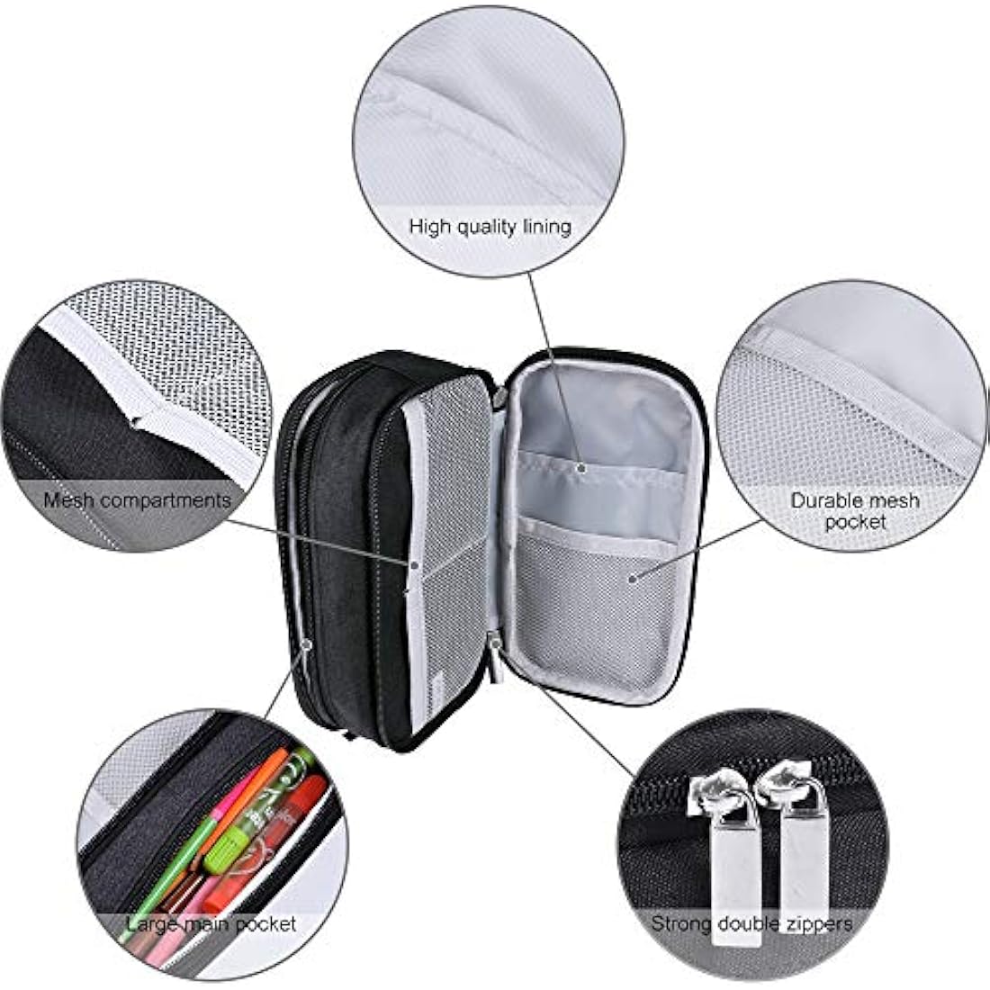 YONZONE Large Capacity Pencil Case | 3 Compartment Oxford Pen Pouch - Black