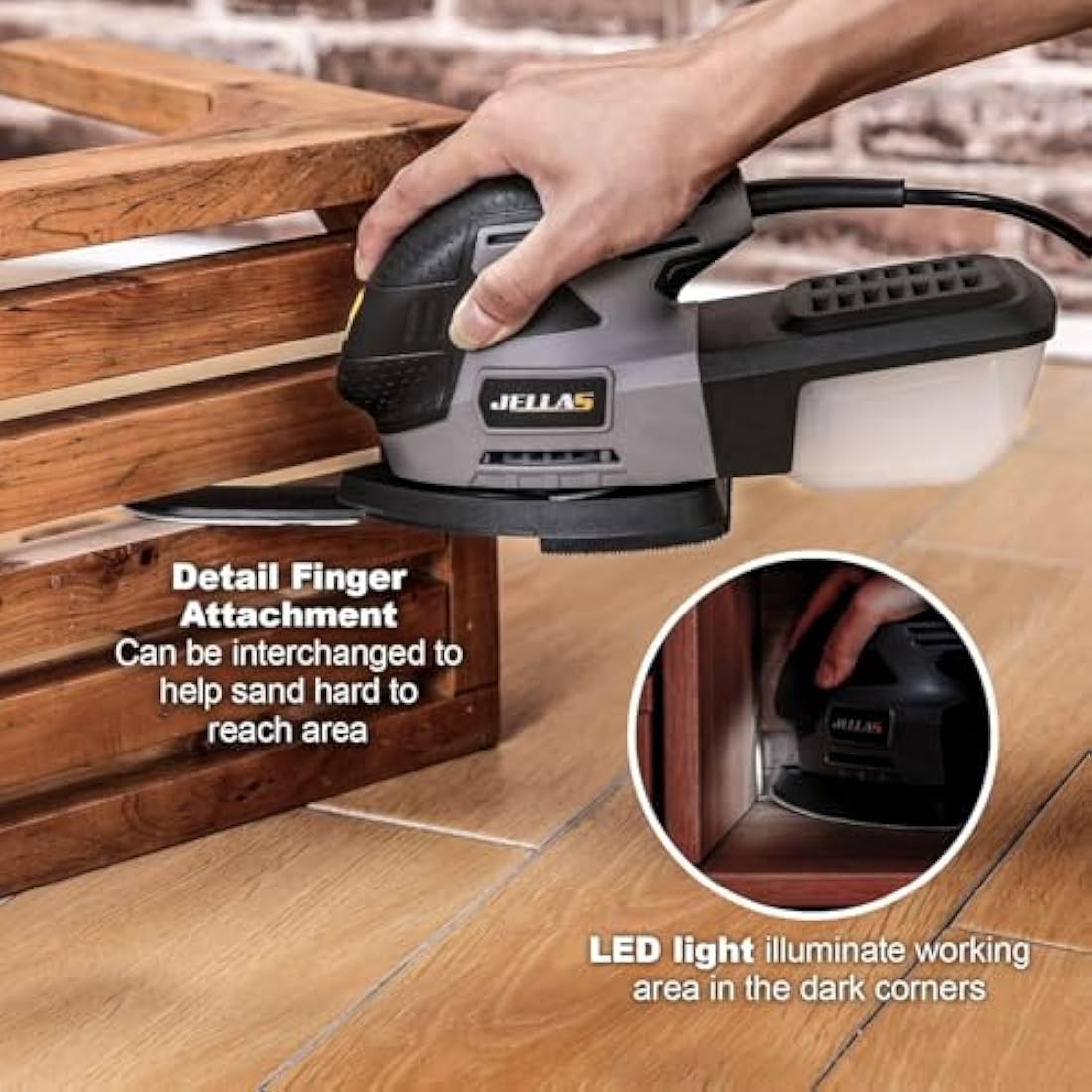 JELLAS Detail Mouse Sander – 220W Compact Wood Sander with 16 Sandpapers