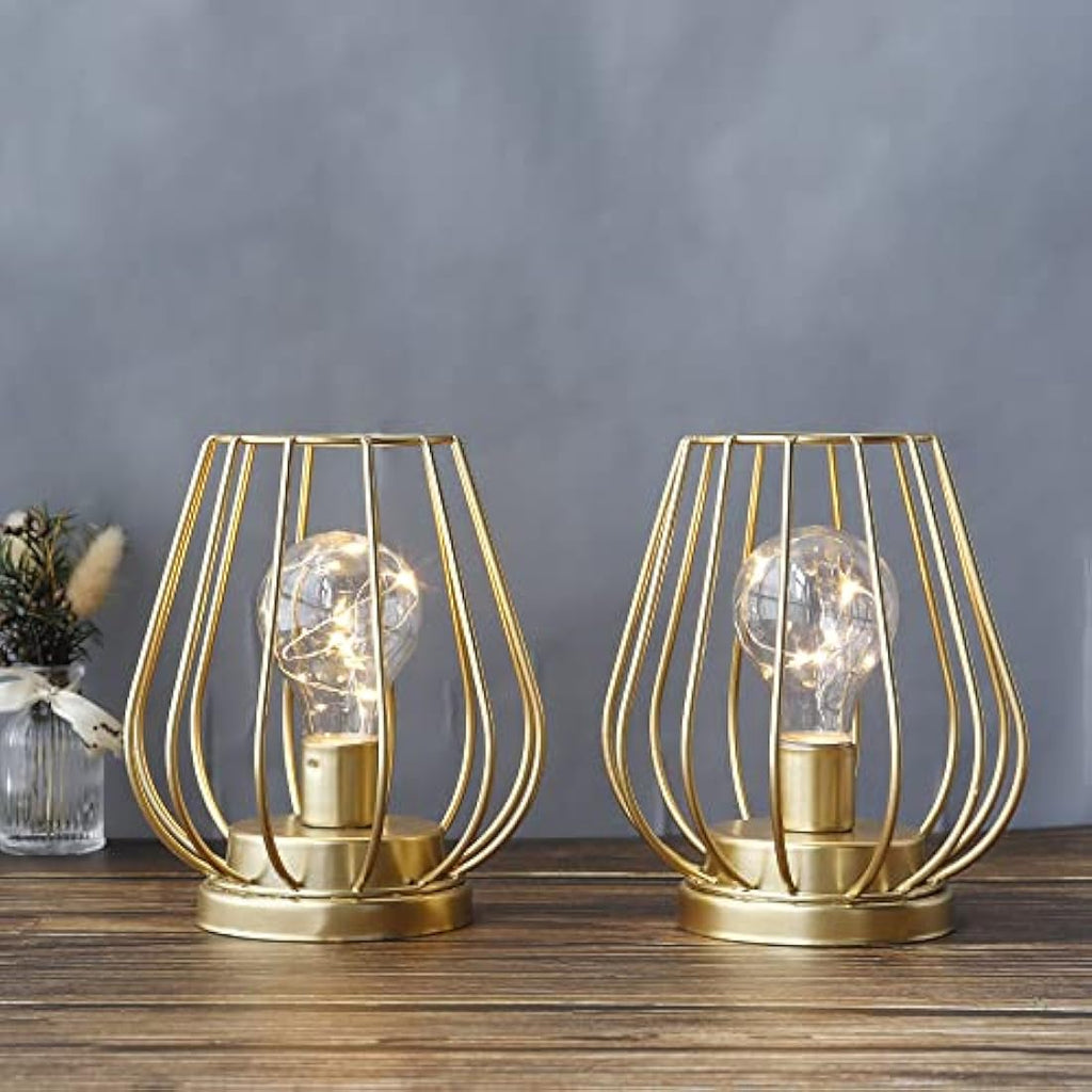 Metal Battery Operated Table Lamp – Set of 2 Gold Cage Lanterns