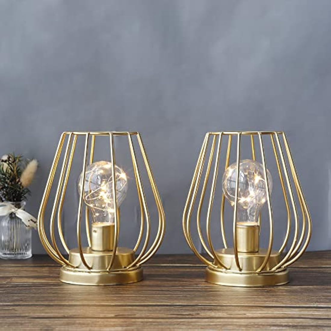 Metal Battery Operated Table Lamp – Set of 2 Gold Cage Lanterns