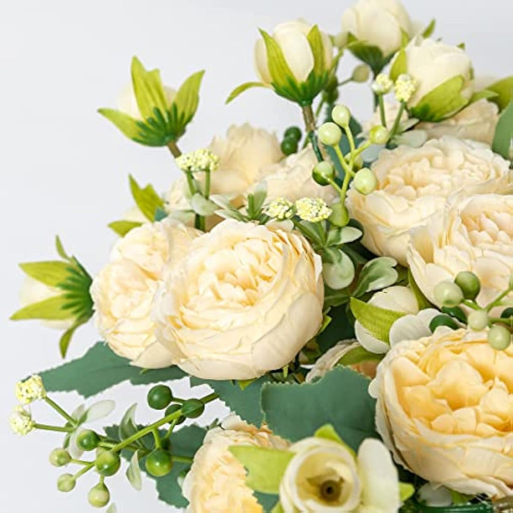 JUSTOYOU Artificial Silk Peony Bouquets - 4 Bunches, 20 Heads (Champagne)