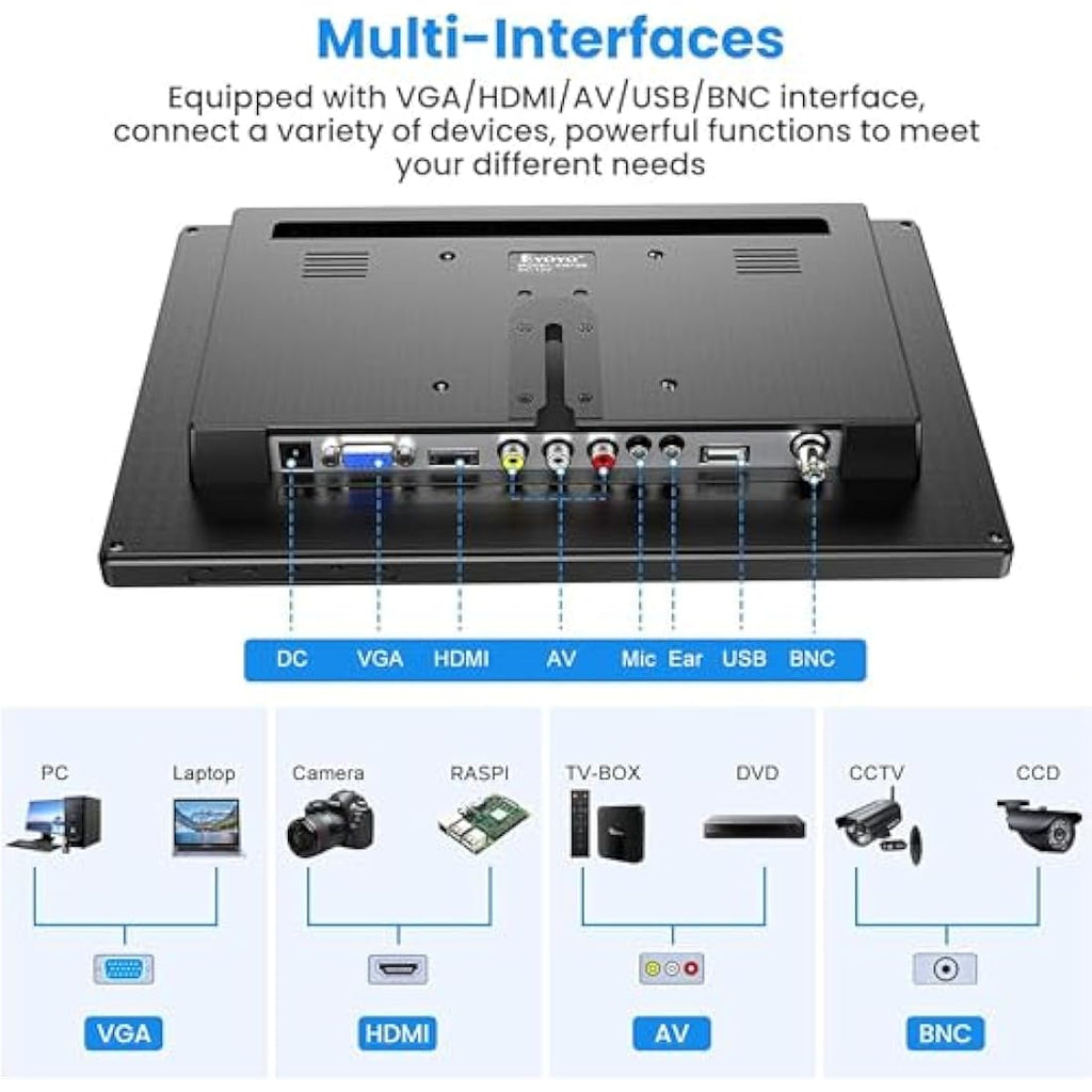 Eyoyo 12 Inch TFT LCD Monitor | 1366x768 HD Portable Display with HDMI & VGA