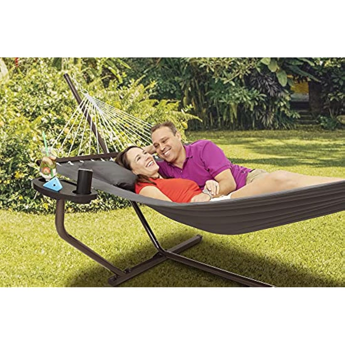 Vita5 Double Hammock with Heavy Duty Stand, Side Table & Pillow - Dark Grey