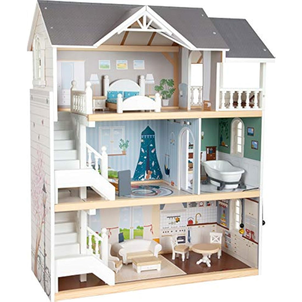 Small Foot Wooden Doll's House – 3-Story Open Front Toy with Furniture